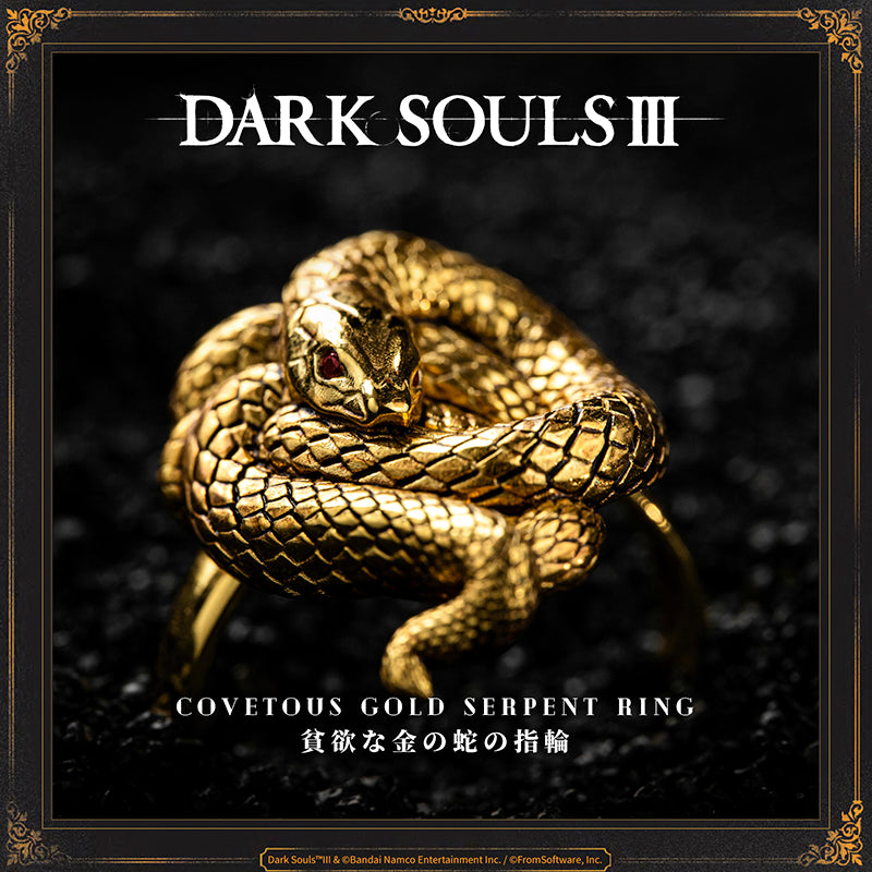 Covetous Gold Serpent Ring
A gold ring depicting a snake that could have been, but never was, a dragon. Fallen foes are more likely to drop items.  Snakes are known as creatures of great avarice, devouring prey even larger than themselves by swallowing them whole.  If one's shackles are cause for discontent, perhaps it is time for some good old fashioned greed.
PRODUCT PARAMETER
Brand: STARFORGED
Name: Covetous Gold Serpent Ring
Material: 18K Gold (Gold Version) / Brass (Brass Version)
Size: Hei